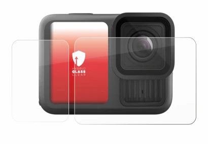 Abbildung des Geräts GoPro Hero 13 Black mit einer Vielzahl des Displayschutzes.