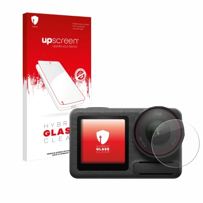 Vorderseite einer Produktverpackung mit dem Markenlogo upscreen. Daneben ist das Gerät DJI Osmo Action 5 Pro (Linse) mit dem z