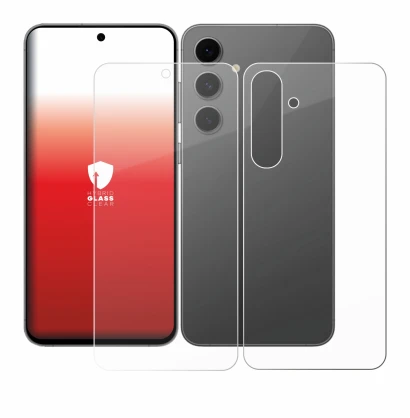 Abbildung des Geräts Samsung Galaxy S24 FE (Display+Rückseite) mit einer Vielzahl des Displayschutzes.