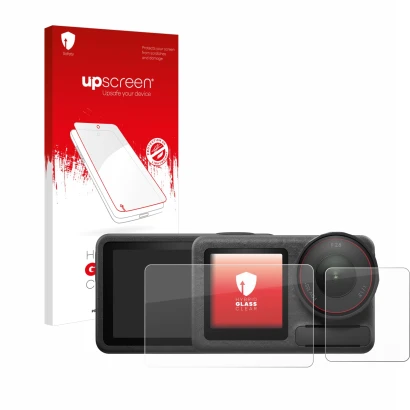 Vorderseite einer Produktverpackung mit dem Markenlogo upscreen. Daneben ist das Gerät DJI Osmo Action 5 Pro (case-friendly) m