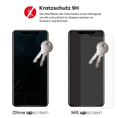 2 Geräte – eines mit upscreen, eines ohne. Zusätzlich sind je 2 Schlüssel abgebildet. Das Gerät ohne upscreen ist stark verkra