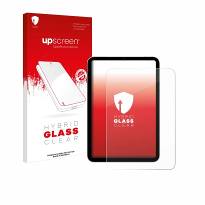 Vorderseite einer Produktverpackung mit dem Markenlogo upscreen. Daneben ist das Gerät Apple iPad Mini 7 2024 mit dem zugehöri