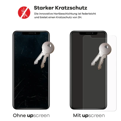 2 Geräte – eines mit upscreen, eines ohne. Zusätzlich sind je 2 Schlüssel abgebildet. Das Gerät ohne upscreen ist stark verkra