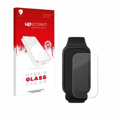 Vorderseite einer Produktverpackung mit dem Markenlogo upscreen. Daneben ist das Gerät Xiaomi Smart Band 9 Active mit dem zuge