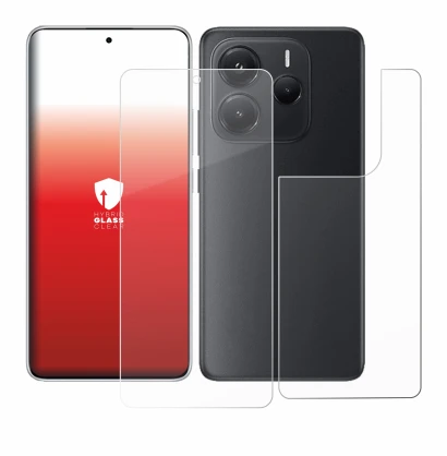 Abbildung des Geräts Xiaomi Redmi Note 14 (Display+Rückseite) mit einer Vielzahl des Displayschutzes.