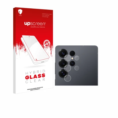 Vorderseite einer Produktverpackung mit dem Markenlogo upscreen. Daneben ist das Gerät Samsung Galaxy S25 Ultra (NUR Kamerasch