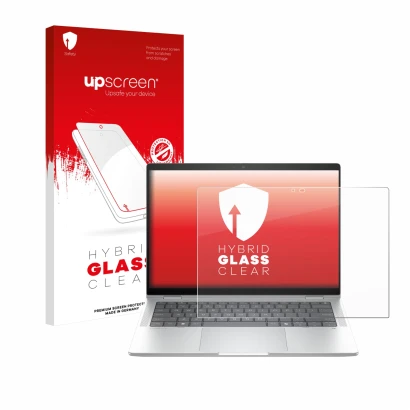 Vorderseite einer Produktverpackung mit dem Markenlogo upscreen. Daneben ist das Gerät HP EliteBook X Flip G1i 14" mit dem zug