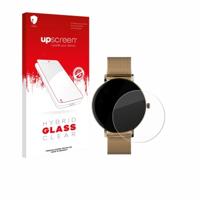 Vorderseite einer Produktverpackung mit dem Markenlogo upscreen. Daneben ist das Gerät ZenWatch Venice Pro mit dem zugehörigen