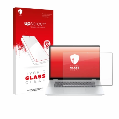 Vorderseite einer Produktverpackung mit dem Markenlogo upscreen. Daneben ist das Gerät HP OmniBook X Flip 16-aX mit dem zugehö