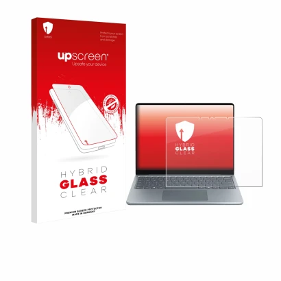 Vorderseite einer Produktverpackung mit dem Markenlogo upscreen. Daneben ist das Gerät Microsoft Surface Laptop 13" mit dem zu