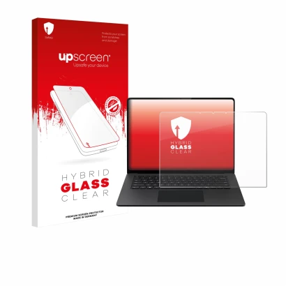 Vorderseite einer Produktverpackung mit dem Markenlogo upscreen. Daneben ist das Gerät Microsoft Surface Laptop 15" mit dem zu