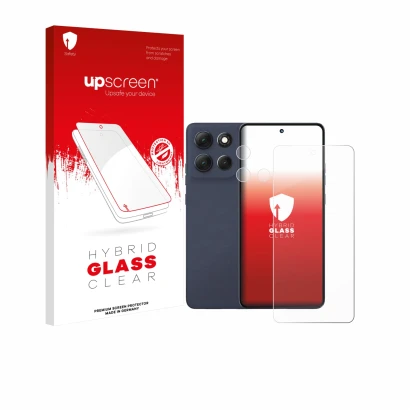 Vorderseite einer Produktverpackung mit dem Markenlogo upscreen. Daneben ist das Gerät Motorola Moto G86 (Display+Kamera) mit 