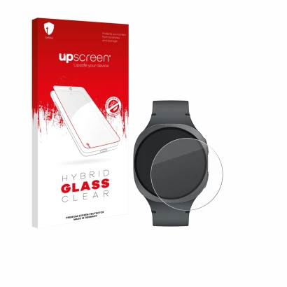 Vorderseite einer Produktverpackung mit dem Markenlogo upscreen. Daneben ist das Gerät Samsung Galaxy Watch 8 (40 mm) mit dem 