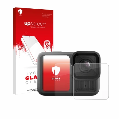 Vorderseite einer Produktverpackung mit dem Markenlogo upscreen. Daneben ist das Gerät GoPro Hero 13 Black Ultra Wide Edition 