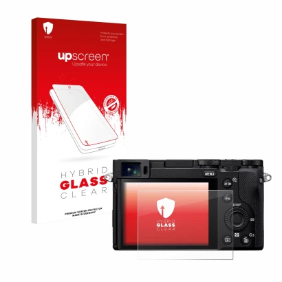 Vorderseite einer Produktverpackung mit dem Markenlogo upscreen. Daneben ist das Gerät Sony RX1R III mit dem zugehörigen Displ