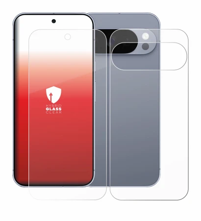 Abbildung des Geräts Google Pixel 10 Pro (Display+Rückseite) mit einer Vielzahl des Displayschutzes.