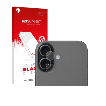 Vorderseite einer Produktverpackung mit dem Markenlogo upscreen. Daneben ist das Gerät Apple iPhone 17 (NUR Kameraschutz) mit 