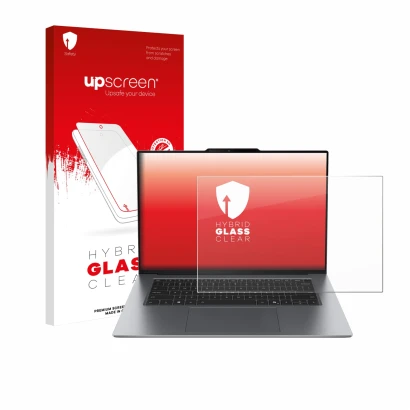 Vorderseite einer Produktverpackung mit dem Markenlogo upscreen. Daneben ist das Gerät Lenovo ThinkPad X9 14 G1 mit dem zugehö