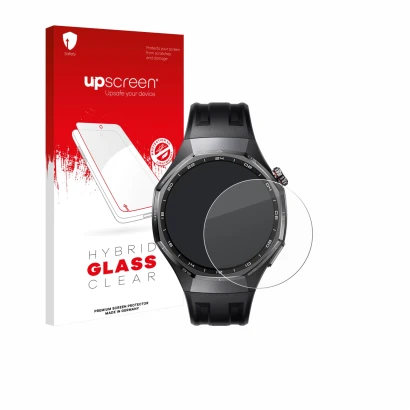 Vorderseite einer Produktverpackung mit dem Markenlogo upscreen. Daneben ist das Gerät Huawei Watch GT 6 Pro (46 mm) mit dem z