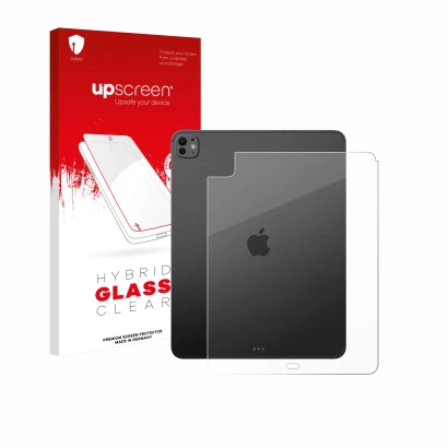Vorderseite einer Produktverpackung mit dem Markenlogo upscreen. Daneben ist das Gerät Apple iPad Pro 13" 2025 (Rückseite) mit