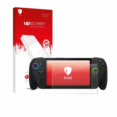 Vorderseite einer Produktverpackung mit dem Markenlogo upscreen. Daneben ist das Gerät ASUS ROG Xbox Ally X mit dem zugehörige