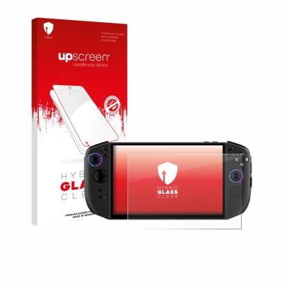 Vorderseite einer Produktverpackung mit dem Markenlogo upscreen. Daneben ist das Gerät Lenovo Legion Go Gen 2 mit dem zugehöri