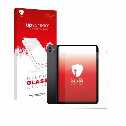 Vorderseite einer Produktverpackung mit dem Markenlogo upscreen. Daneben ist das Gerät Apple iPad Pro 13" 2025 (Display+Kamera