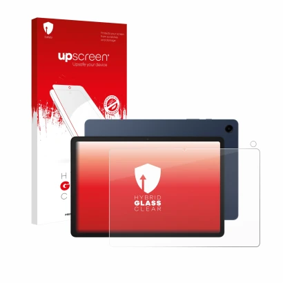 Vorderseite einer Produktverpackung mit dem Markenlogo upscreen. Daneben ist das Gerät Samsung Galaxy Tab A9 Plus (Display+Kam