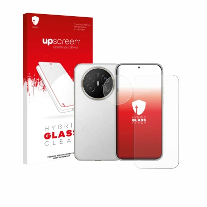 Vorderseite einer Produktverpackung mit dem Markenlogo upscreen. Daneben ist das Gerät Huawei Mate 70 Air (Display+Kamera) mit