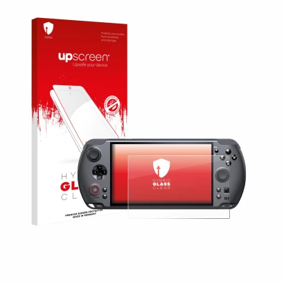 Vorderseite einer Produktverpackung mit dem Markenlogo upscreen. Daneben ist das Gerät GPD Win 5 mit dem zugehörigen Displaysc