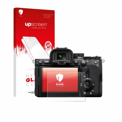 Vorderseite einer Produktverpackung mit dem Markenlogo upscreen. Daneben ist das Gerät Sony Alpha 7 V (ILCE-7M5) mit dem zugeh