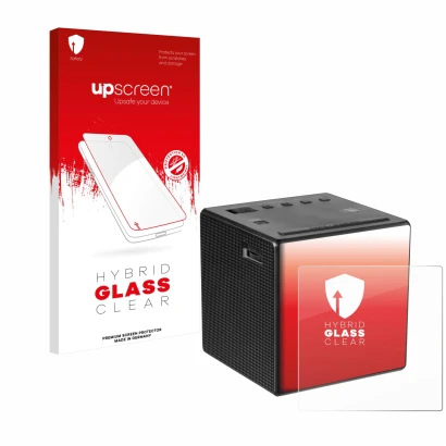 Vorderseite einer Produktverpackung mit dem Markenlogo upscreen. Daneben ist das Gerät Sony ICF-C1 mit dem zugehörigen Display