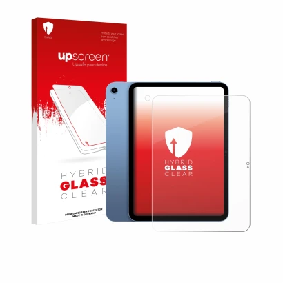 Vorderseite einer Produktverpackung mit dem Markenlogo upscreen. Daneben ist das Gerät Apple iPad 10.9