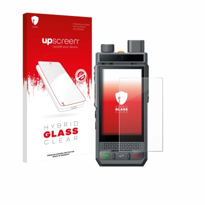 Vorderseite einer Produktverpackung mit dem Markenlogo upscreen. Daneben ist das Gerät Hytera P60 mit dem zugehörigen Displays