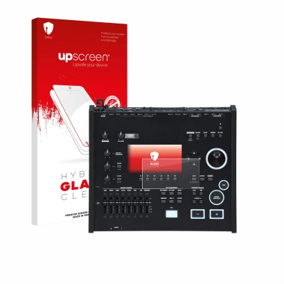 Vorderseite einer Produktverpackung mit dem Markenlogo upscreen. Daneben ist das Gerät Roland V71 mit dem zugehörigen Displays