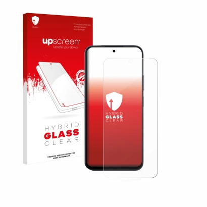 Vorderseite einer Produktverpackung mit dem Markenlogo upscreen. Daneben ist das Gerät Oppo A6x 4G mit dem zugehörigen Display