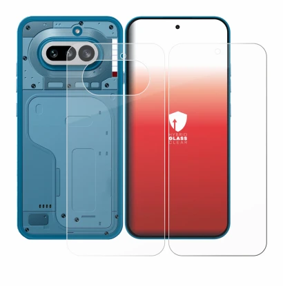 Abbildung des Geräts Nothing Phone (4a) (Display+Rückseite) mit einer Vielzahl des Displayschutzes.