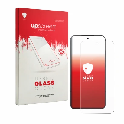 Vorderseite einer Produktverpackung mit dem Markenlogo upscreen. Daneben ist das Gerät Xiaomi 17T Pro mit dem zugehörigen Disp