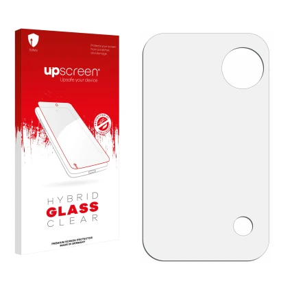 Vorderseite einer Produktverpackung mit dem Markenlogo upscreen. Daneben ist der zugehörige Displayschutz.