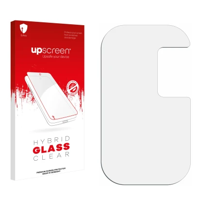 Vorderseite einer Produktverpackung mit dem Markenlogo upscreen. Daneben ist der zugehörige Displayschutz.