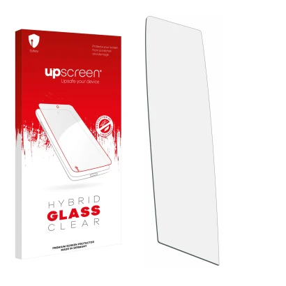 Vorderseite einer Produktverpackung mit dem Markenlogo upscreen. Daneben ist der zugehörige Displayschutz.