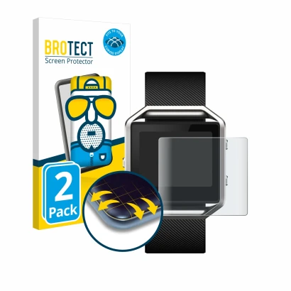 Vorderseite einer Produktverpackung mit dem Markenlogo BROTECT. Daneben ist das Gerät Fitbit Blaze mit dem zugehörigen Display