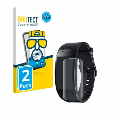 Vorderseite einer Produktverpackung mit dem Markenlogo BROTECT. Daneben ist das Gerät Samsung Gear Fit 2 Pro mit dem zugehörig