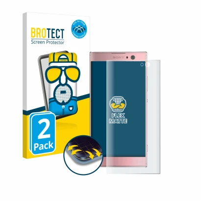 Vorderseite einer Produktverpackung mit dem Markenlogo BROTECT. Daneben ist das Gerät Sony Xperia XA2 mit dem zugehörigen Disp