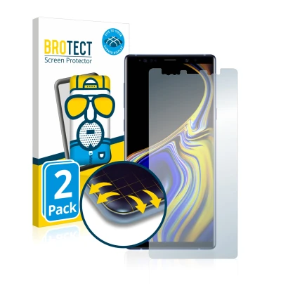 Vorderseite einer Produktverpackung mit dem Markenlogo BROTECT. Daneben ist das Gerät Samsung Galaxy Note 9 mit dem zugehörige