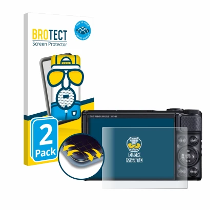 Vorderseite einer Produktverpackung mit dem Markenlogo BROTECT. Daneben ist das Gerät Canon PowerShot SX740 HS mit dem zugehör