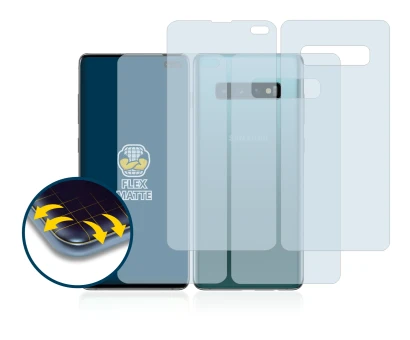 Abbildung des Geräts Samsung Galaxy S10 Plus (Display+Rückseite) mit einer Vielzahl des Displayschutzes.