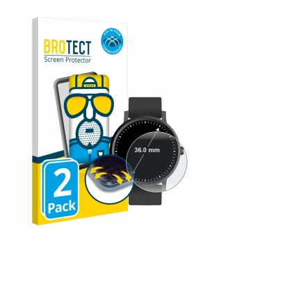 Vorderseite einer Produktverpackung mit dem Markenlogo BROTECT. Daneben ist das Gerät Kreisrunde Displays (ø: 36 mm) mit dem z