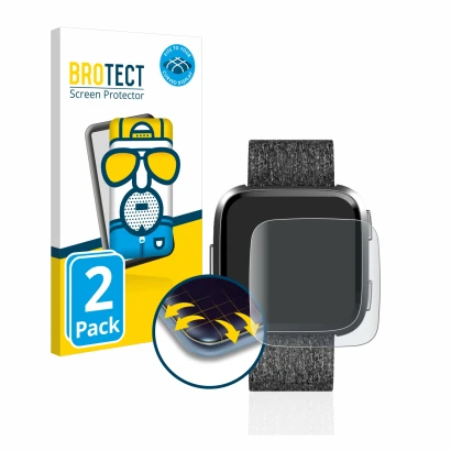 Vorderseite einer Produktverpackung mit dem Markenlogo BROTECT. Daneben ist das Gerät Fitbit Versa Special Edition mit dem zug