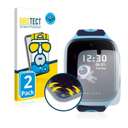 Vorderseite einer Produktverpackung mit dem Markenlogo BROTECT. Daneben ist das Gerät Xplora X4 mit dem zugehörigen Displaysch